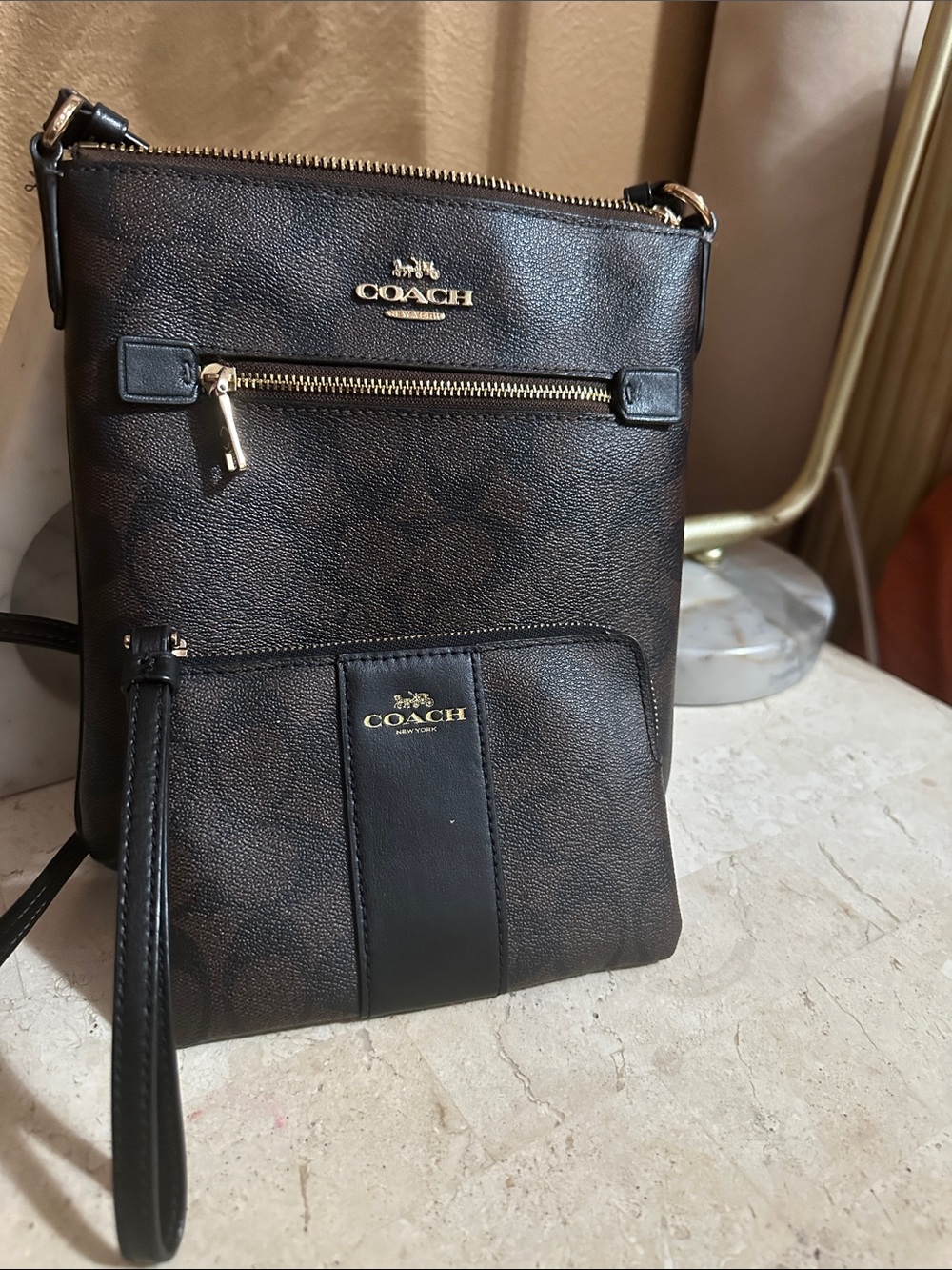 Coach Brown and Black Signature Crossbody  bag and Wristlet